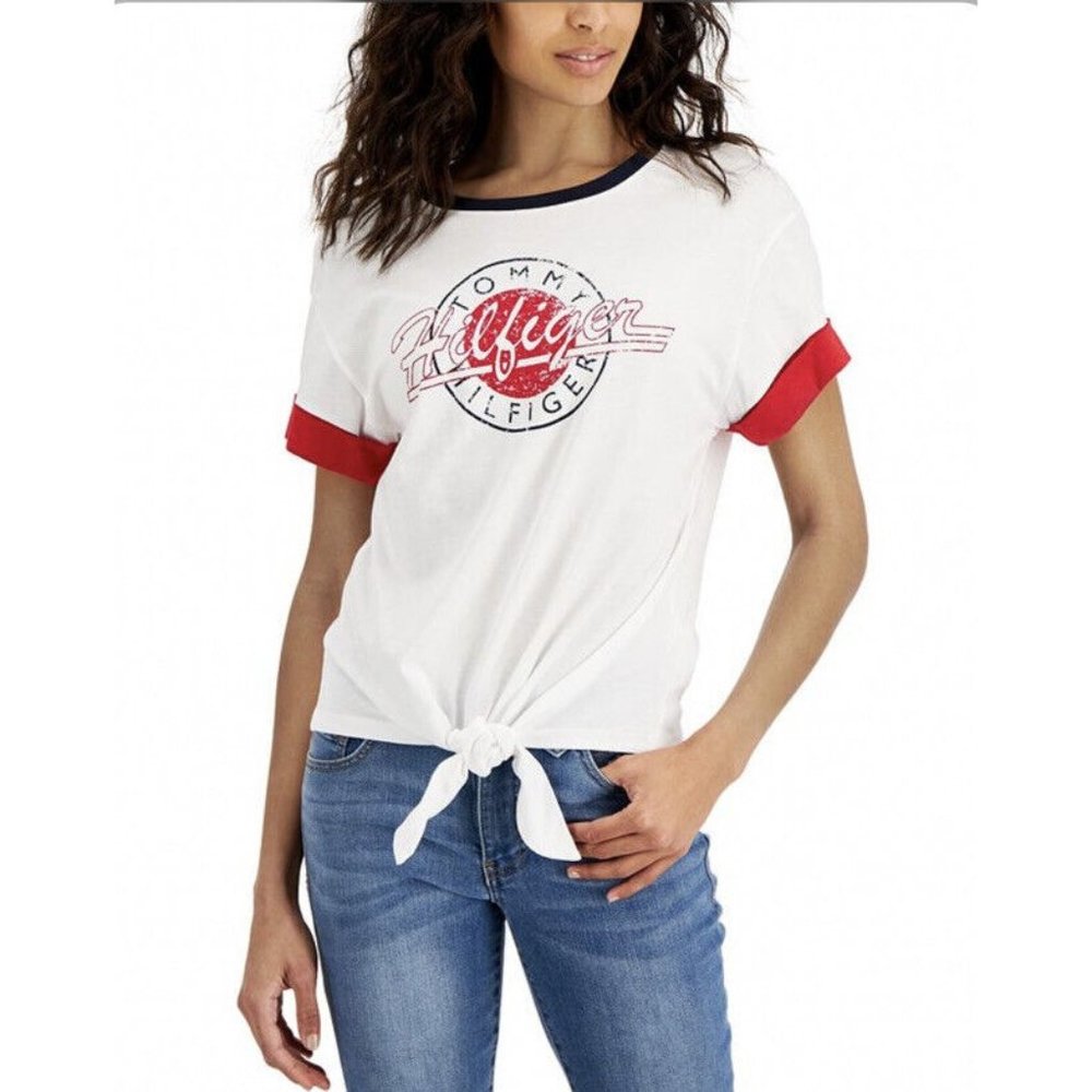 Tommy Hilfiger White/Red Short Sleeve Logo Tie-Front Tee XS